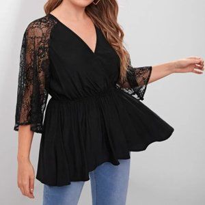 Black Lace Wrap Peplum Blouse